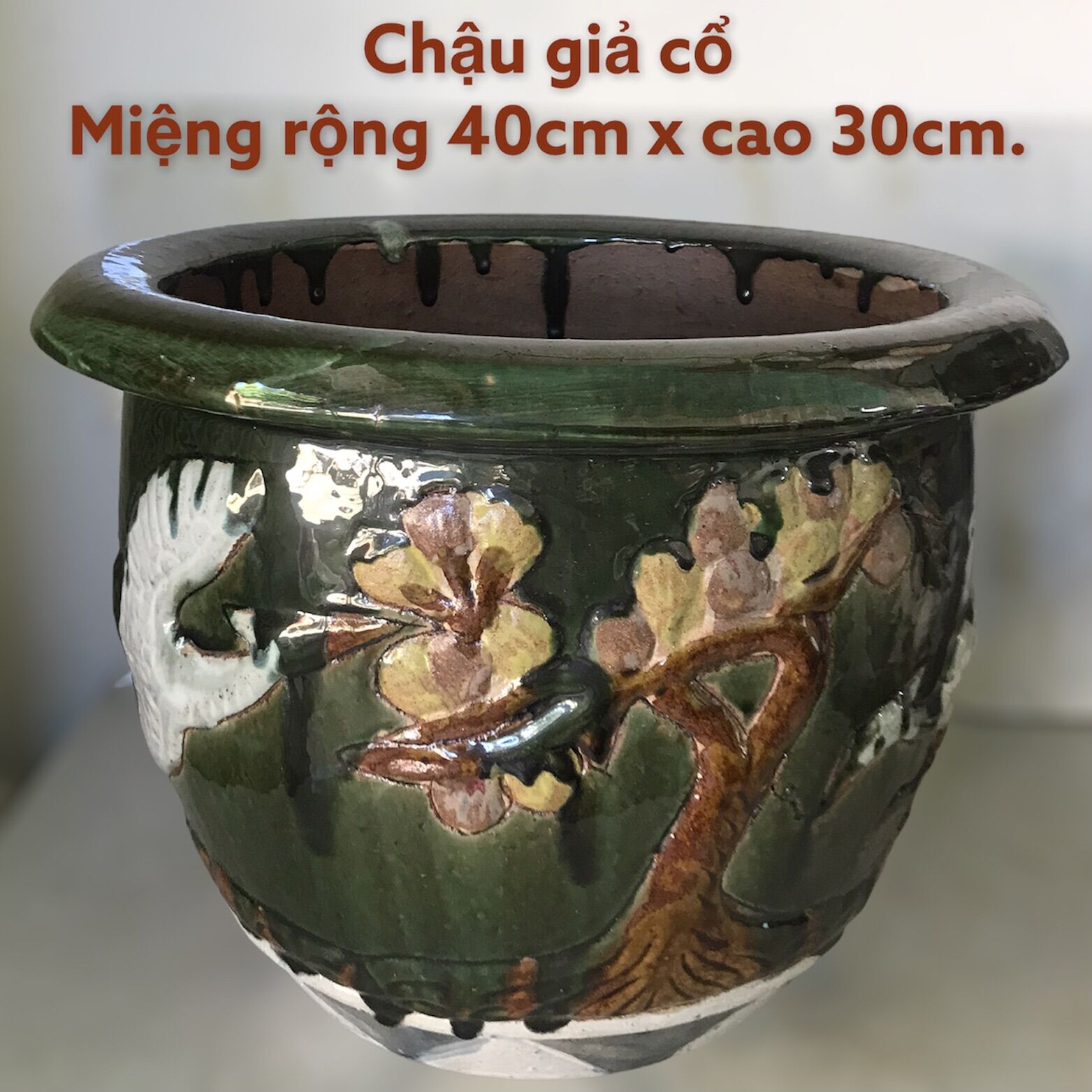 Chậu sứ trồng cây giả cổ size lớn hoa văn Tùng cò miệng 40cm