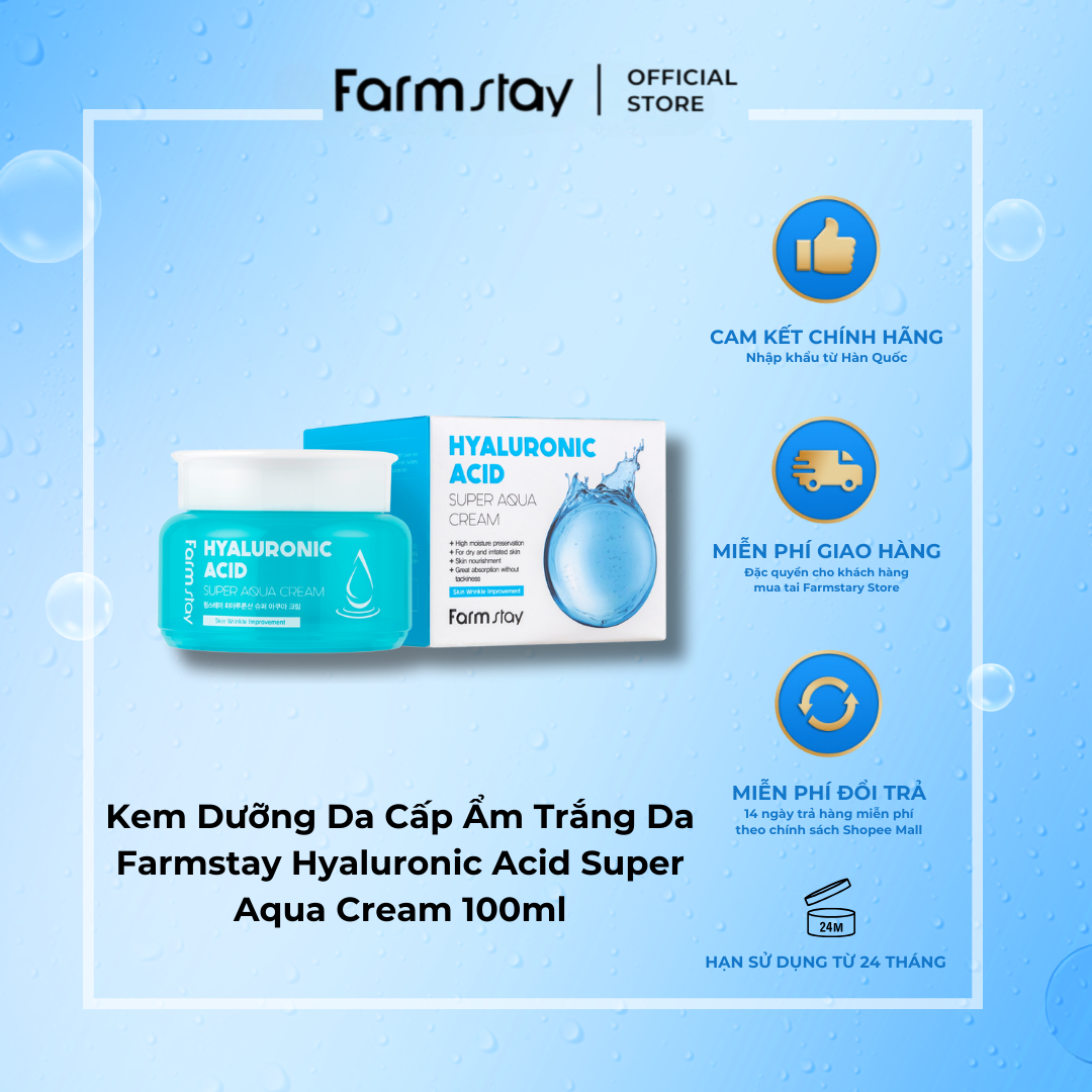 Kem Dưỡng Da Cấp Ẩm Trắng Da Farmstay Hyaluronic Acid Super Aqua Cream 100ml