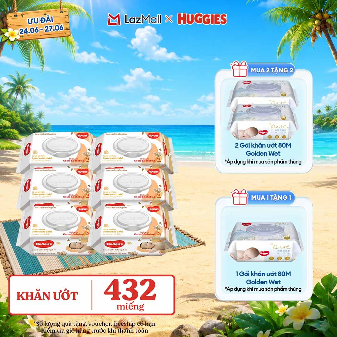 [Chỉ 25-29.06 GIẢM THÊM 90K] Combo 6 gói Khăn giấy ướt cho trẻ sơ sinh HUGGIES (Gói 72 tờ)-Chiết xuất Cao cao  Bơ hạt mỡ