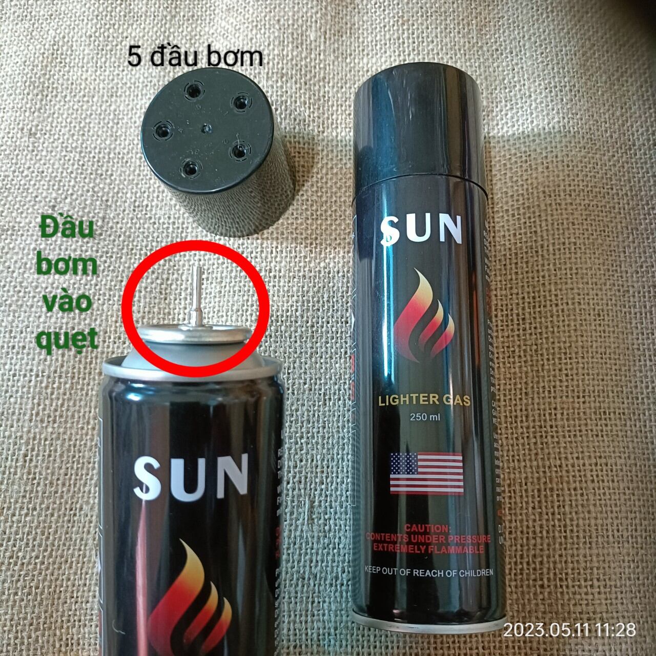 Bình gas mini đầu nhỏ chuyên dụng bơm nạp sạc cho bật lửa hộp quẹt, bình 250ml