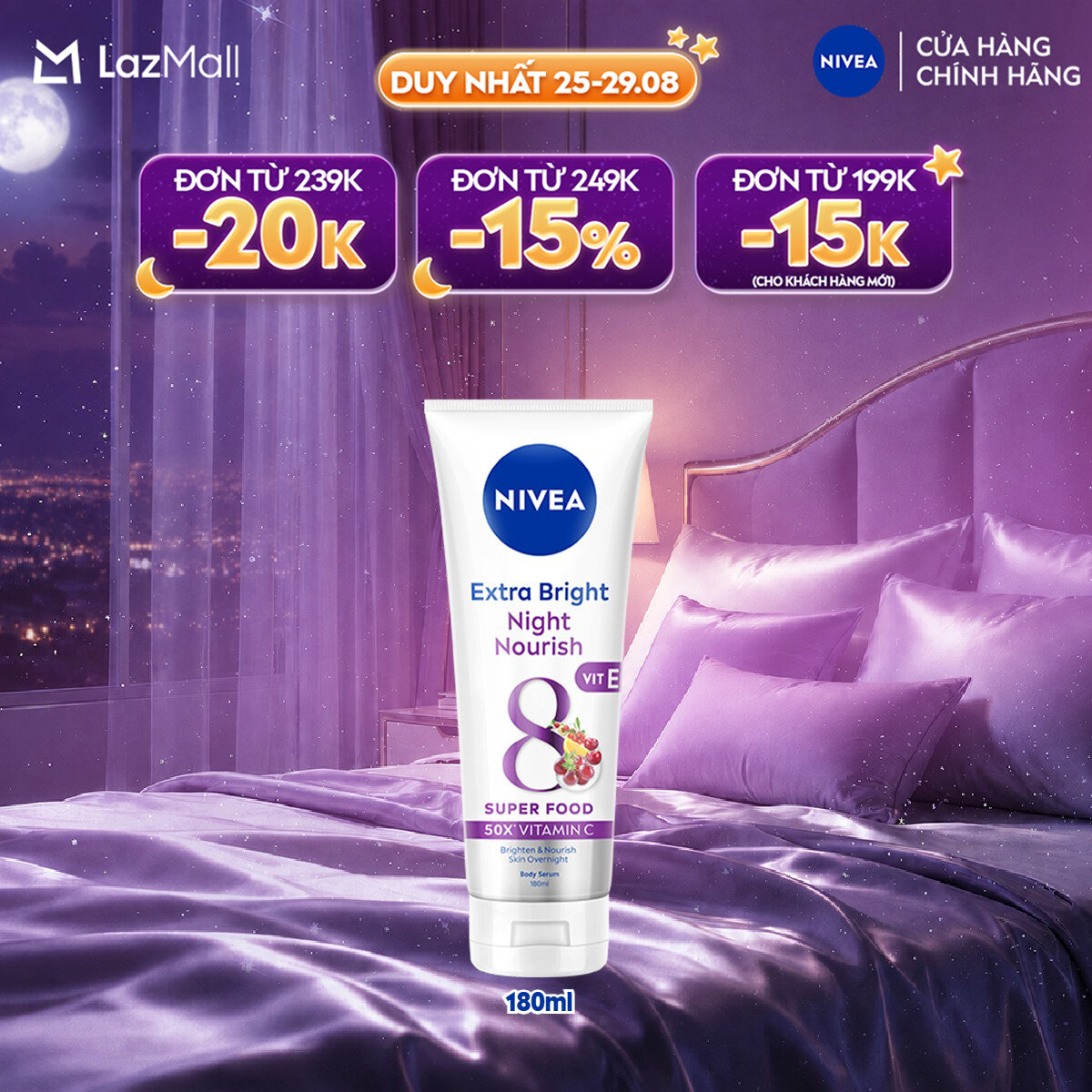 Serum Dưỡng Thể NIVEA Sáng Da Ban Đêm 8 Super Foods 180ml / Kem Body - 88367