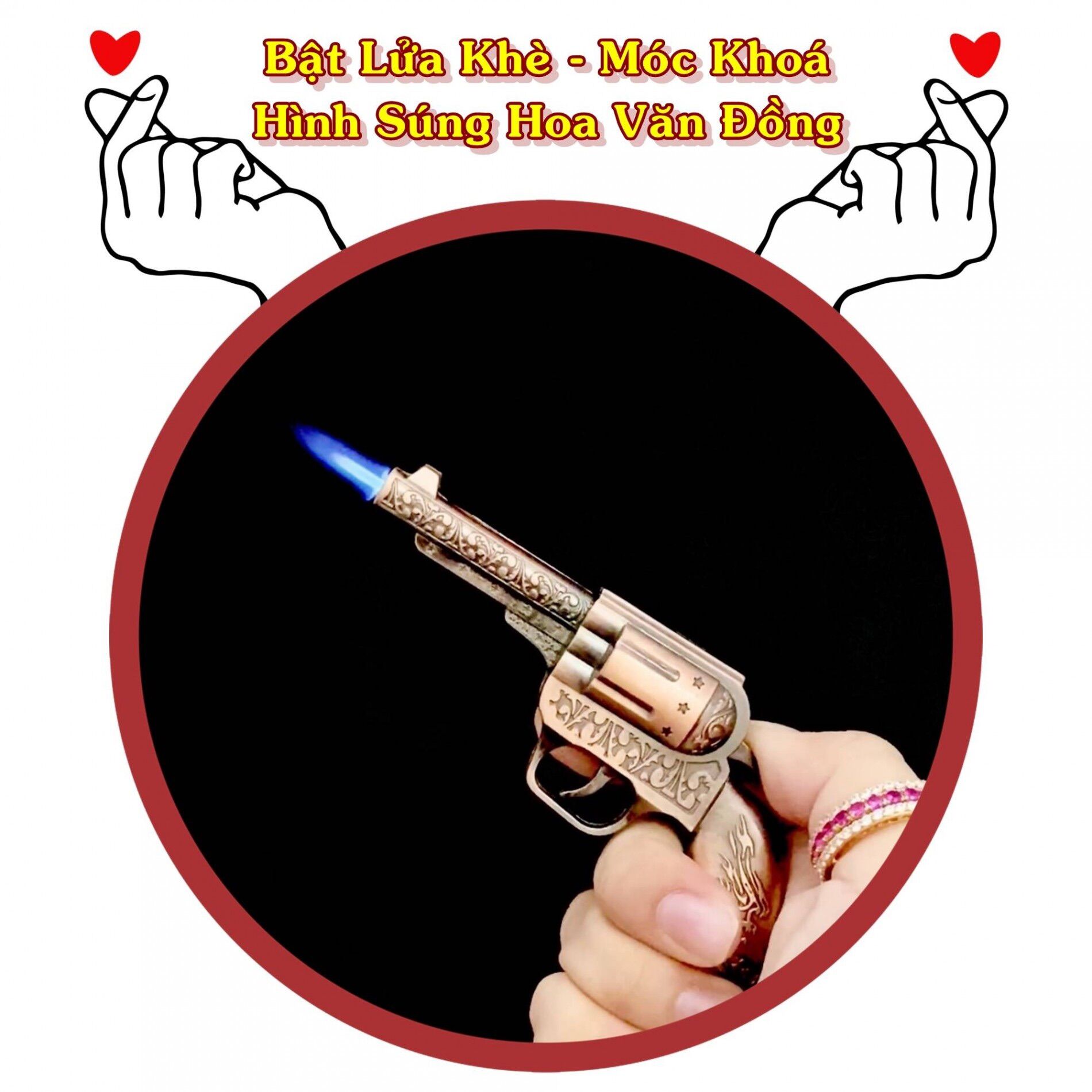 [HCM] Bật Lửa Gas Khè Móc Khoá Kiểu Dáng Sung Hoa Văn Màu Đồng