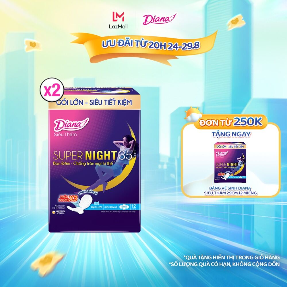 Bộ 2 Băng vệ sinh Diana Super Night 35cm gói 12 miếng