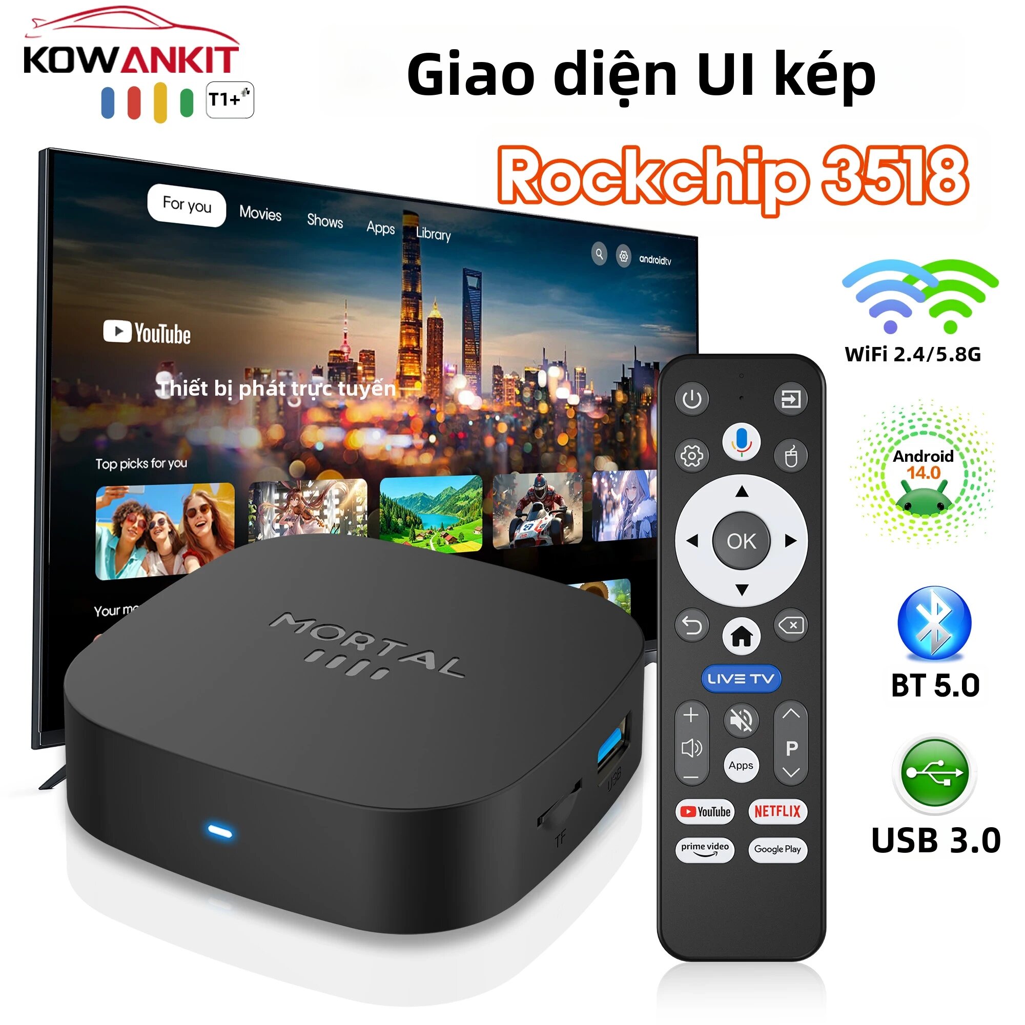 Hộp Giải Mã Truyền Hình Thông Minh Android T1+ 4K UHD Wifi Băng Tần Kép 2.4G/5G Bluetooth 5.0 Quad Core Tốc Độ Cao, Bộ Nhớ 8GB DDR3 RAM 128GB eMMC