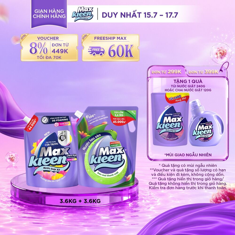 Combo Túi nước giặt xả cửa trước hương Dấu ấn ngọt ngào 3.6kg + Túi lau sàn 3.6kg