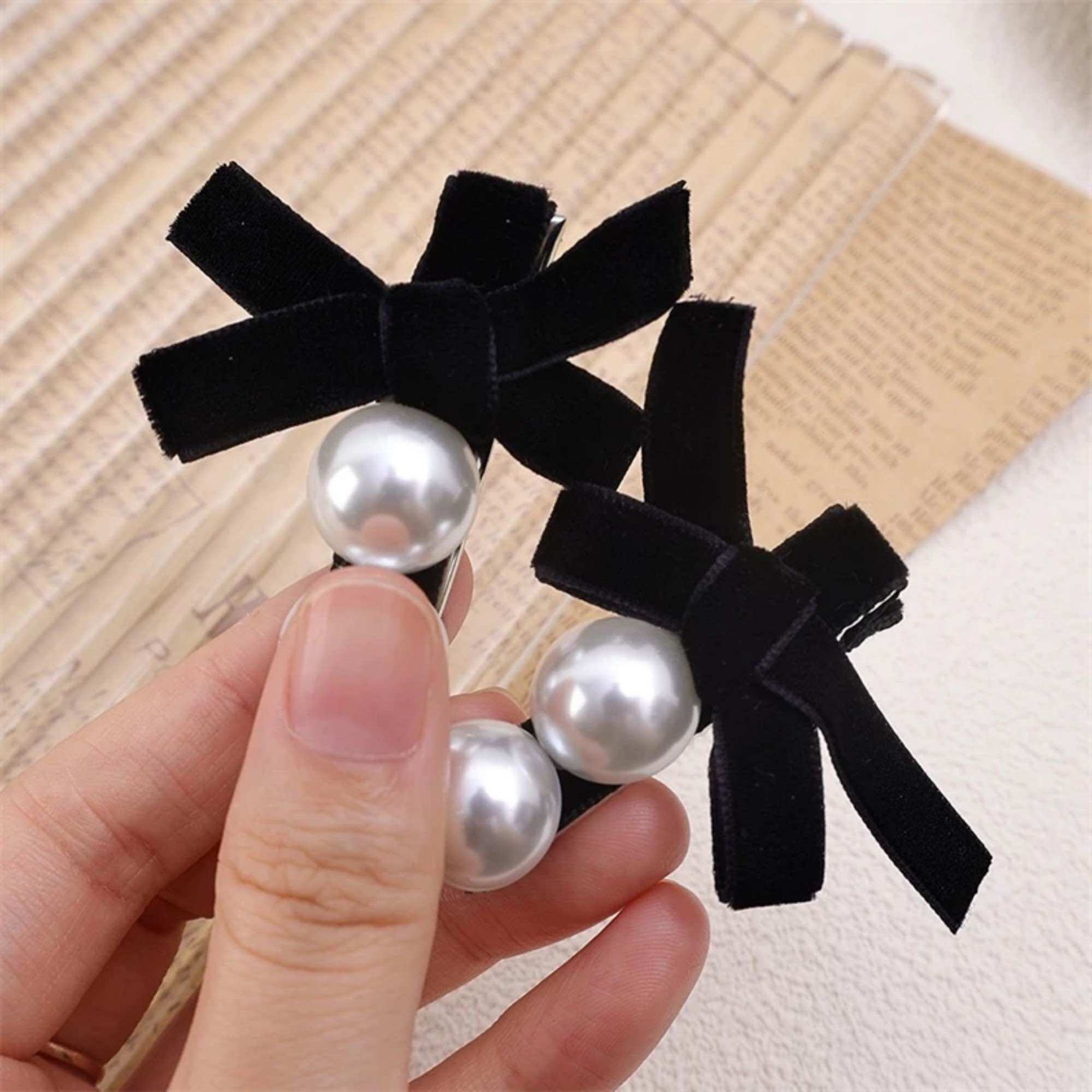 Velvet Bow Hair Clip with Beads for Women