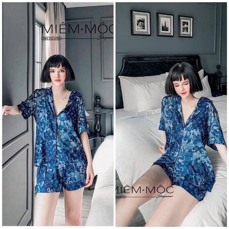 Pijama cộc đùi xanh than McQ lụa cao cấp quảng châu
