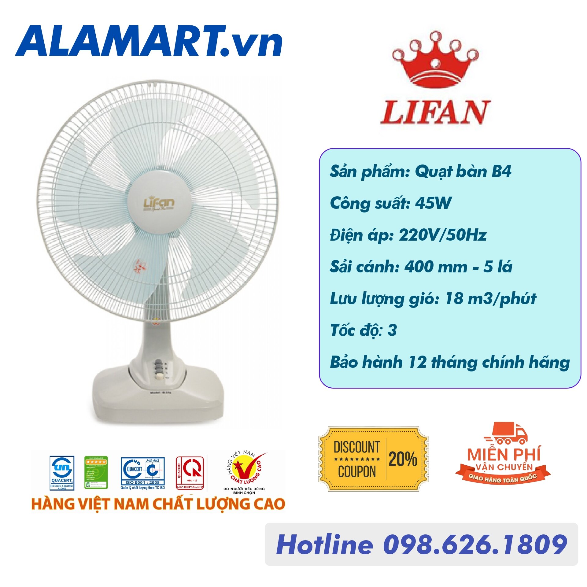 Quạt bàn lifan b-378 sải cánh 400mm động cơ dây đồng 45w hoạt động êm ái
