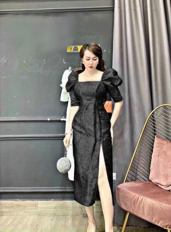 (SHOP BIGSIZE nữ 50kg đến 90kg) đầm gấm cao câp xẻ tà