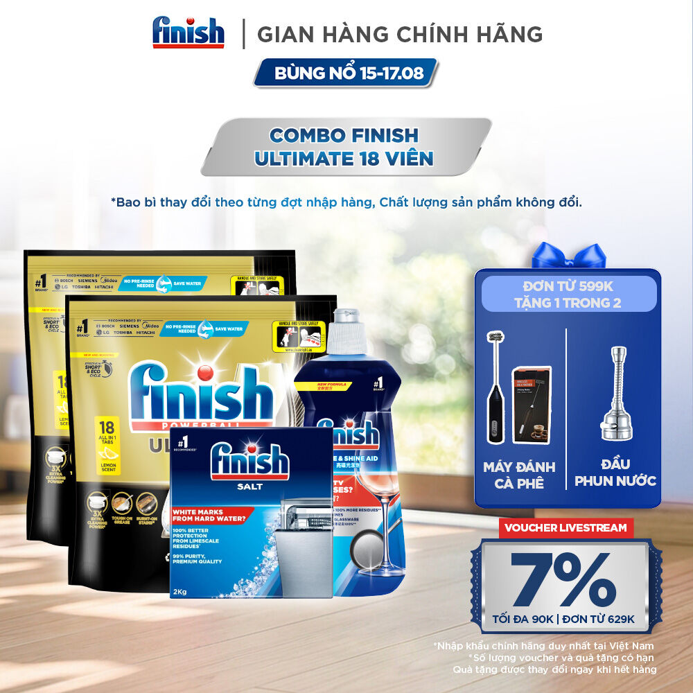 Combo 2 Túi rửa chén Finish Ultimate 18 viên + Nước làm bóng Finish 500ml + Muối rửa chén Finish 2kg