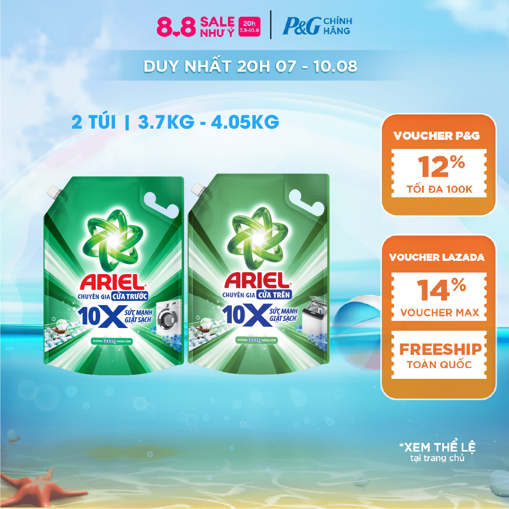 [Xu 17%] Combo 2 Nước Giặt Gel ARIEL 10X Sức Mạnh Giặt Sạch Chuyên Gia Cửa Trước-Cửa Trên Hương Downy Nắng Sớm Túi 3.7KG/ 4.05KG