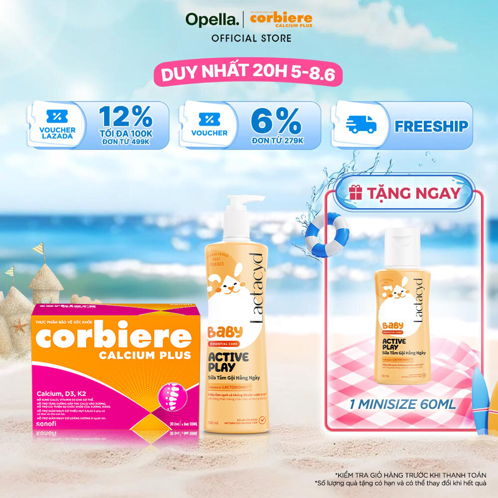 Bộ 1 Sữa Tắm Gội Hằng Ngày Cho Bé Lactacyd Baby Active Play 500ml + 1 Thực phẩm bảo vệ sức khỏe Corbiere Calcium Plus Mới - Canxi hữu cơ + D3 + K2