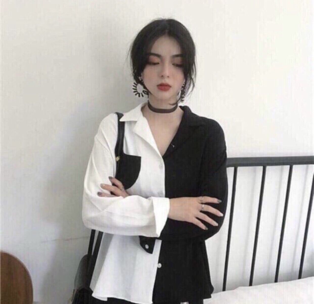 Áo sơ mi phối 2 màu trắng đen siêu đẹp from 50kg trở lại