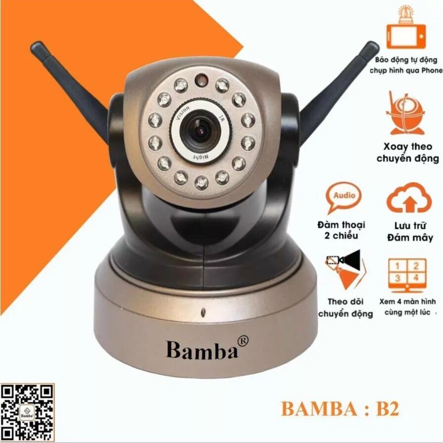 Camera Wifi Bamba B2 2.0 Mpx Camera IP Bamba B2 là thiết bị quan sát thông minh, có thể kết nối với điện thoại, máy tính bảng để theo dõi ghi hình trực tiếp.  Thiết kế anten wifi kép tăng chất lương thu wifi. Gia 750k