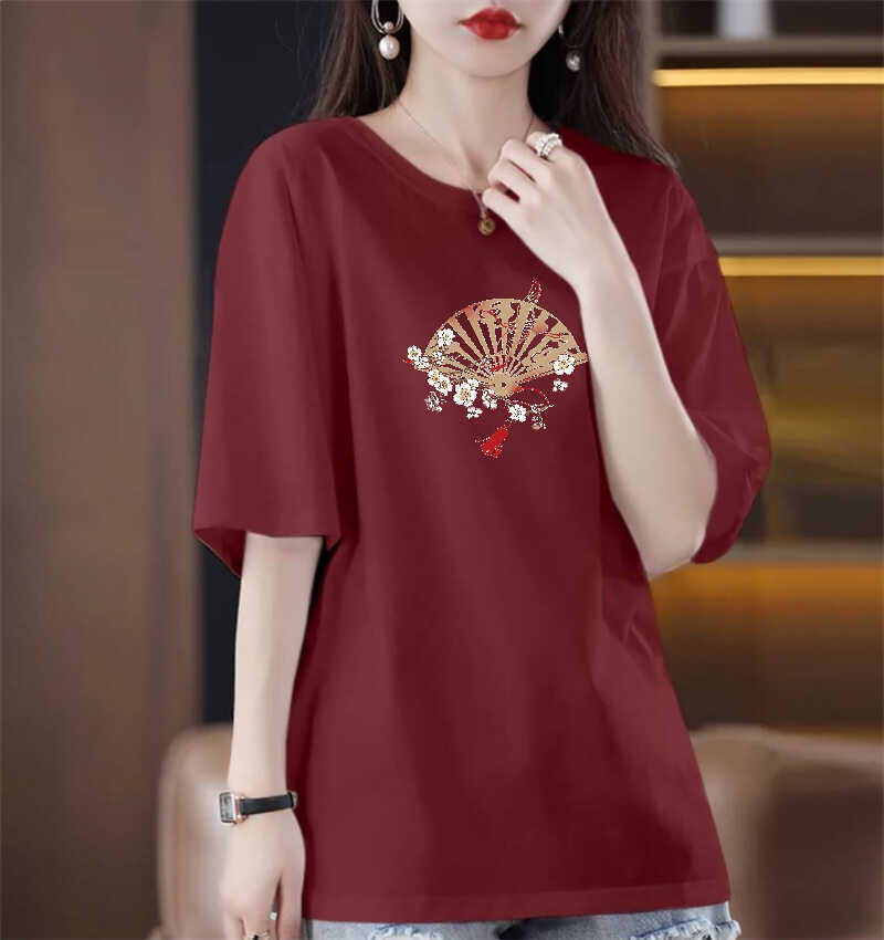 Áo Thun Nữ Tay Ngắn Phong Cách Trung Quốc, Áo Thun in Họa Tiết Mùa Hè, Cổ Tròn, Dài Vừa Phải, Thường Ngày, Tay Ngắn, Trung Tính