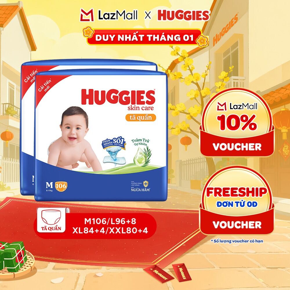  Combo 2 gói Tã  bỉm quần Huggies Skincare Mega Jumbo M106 L100+4 XL84+4 XXL76+4 với tràm trà dịu da 