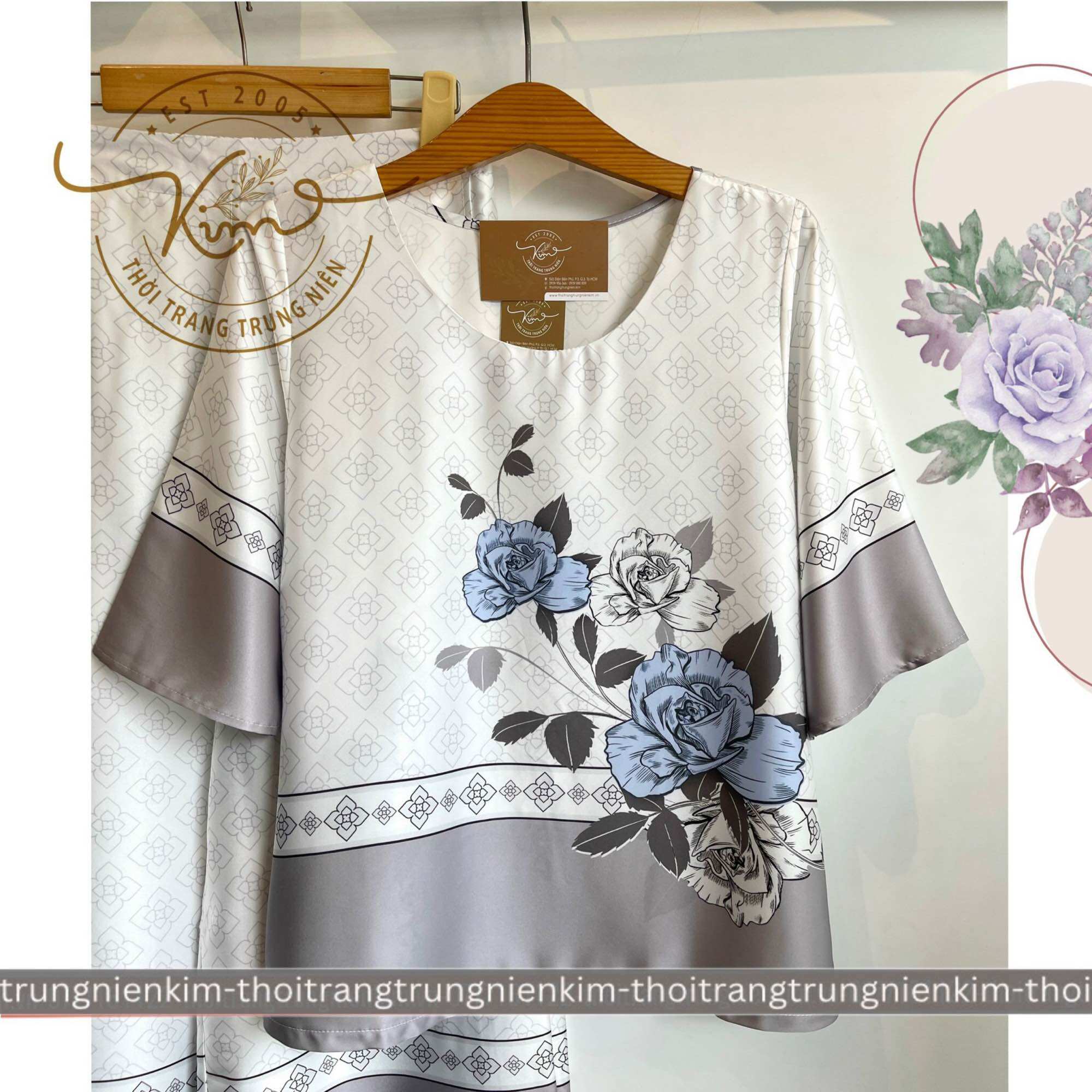 Sét bộ lụa trung niên cao cấp hoa văn hoạ tiết sang trọng Bigsize quần dài 85cm