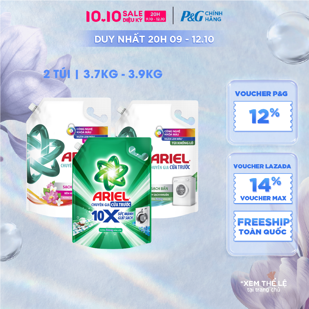 [Voucher 12%] Combo 2 Nước Giặt Cửa Trước ARIEL Ngăn Lem Màu, Quần Áo Siêu Thơm Hương Downy Nắng Sớm/ Hương Sen Nhài/ Oải Hương Túi 3.9KG/ 3.7KG