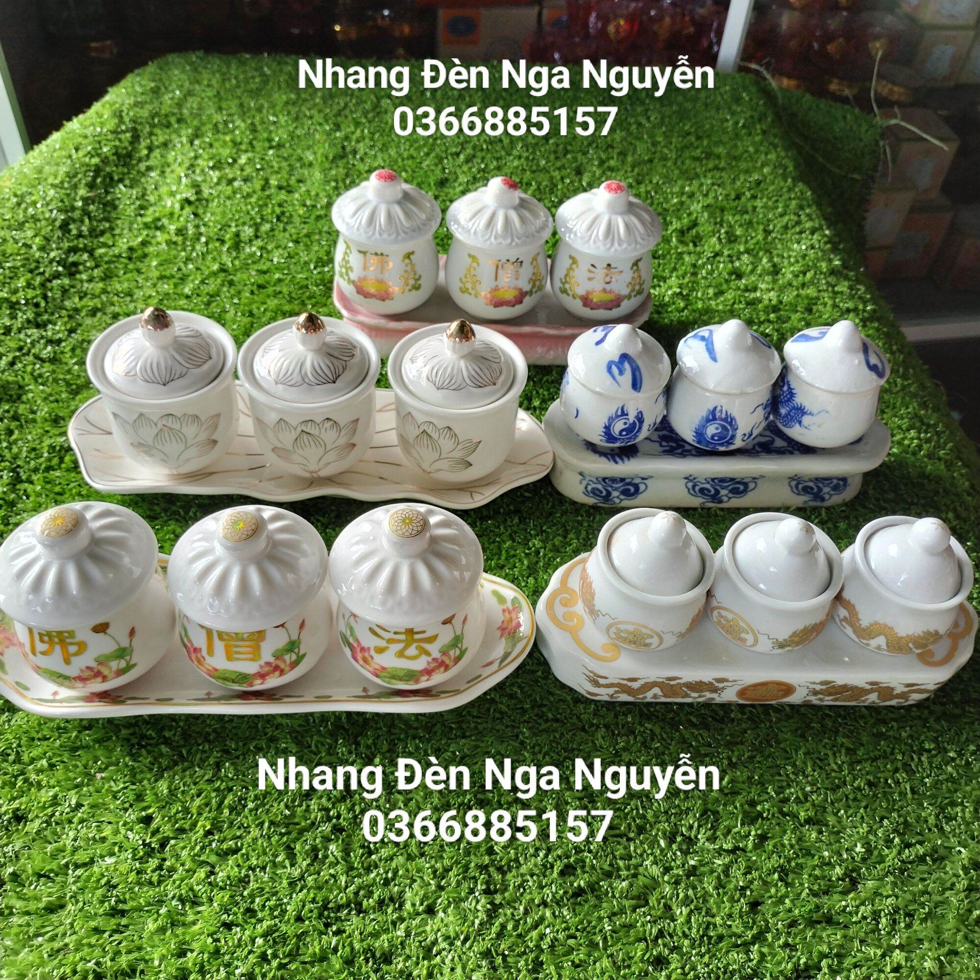 Bộ 3 chung ly sứ có nắp thờ cúng