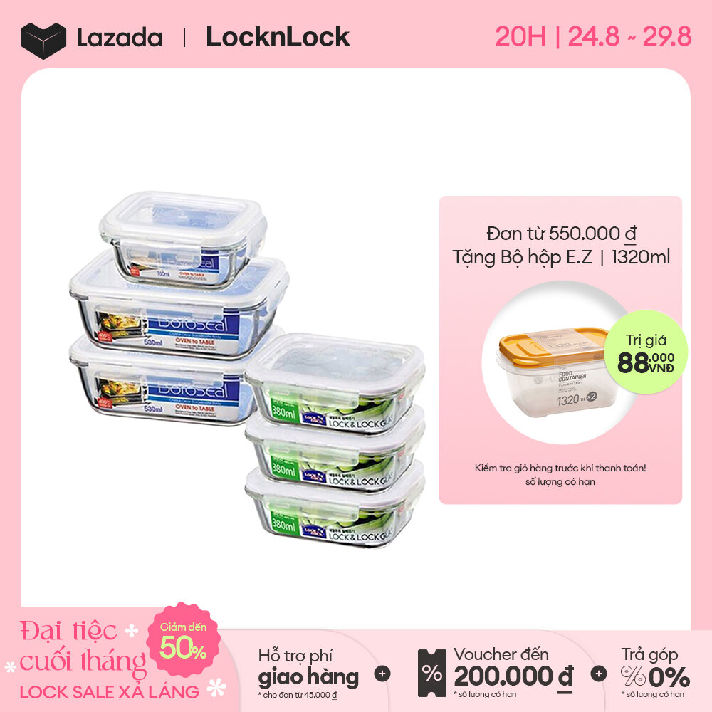 LLG426S6 - Bộ 6 hộp thủy tinh bảo quản thực phẩm Lock&Lock (LLG413x1x160ML LLG422x3x380ML LLG426x2x530ML) nắp đạy kín hơi