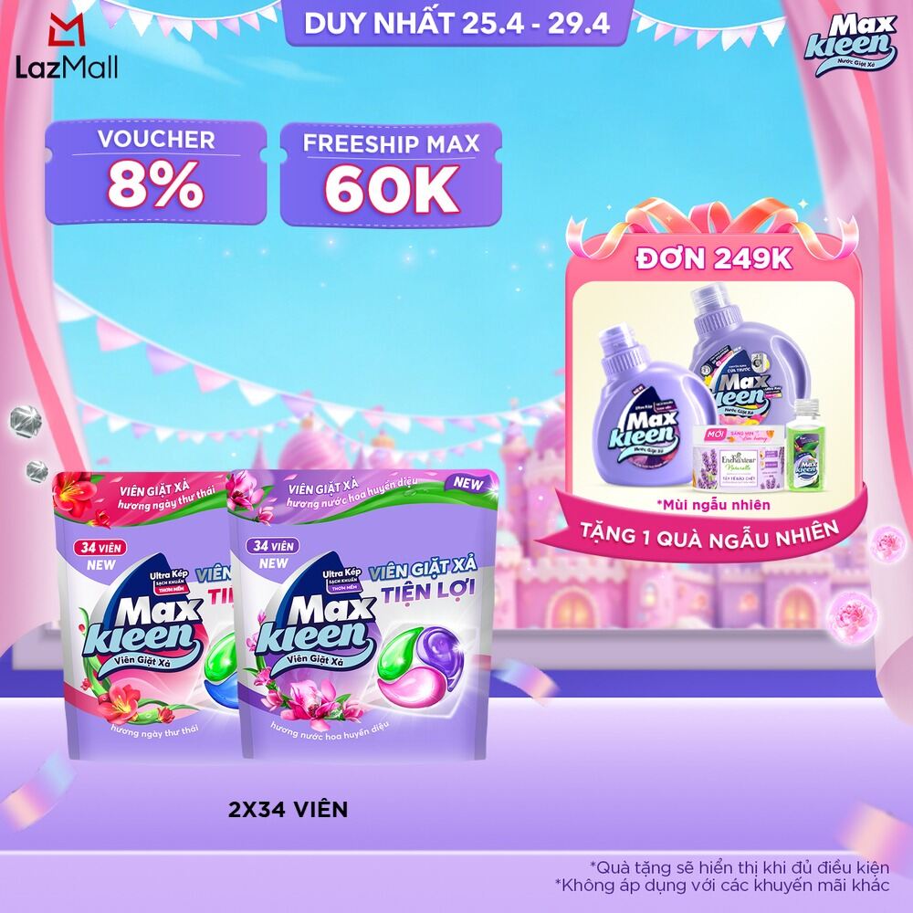 Combo 2 Túi Viên Giặt Xả MaxKleen Hương Huyền Diệu + Hương Ngày Thư Thái (34 viên/túi)