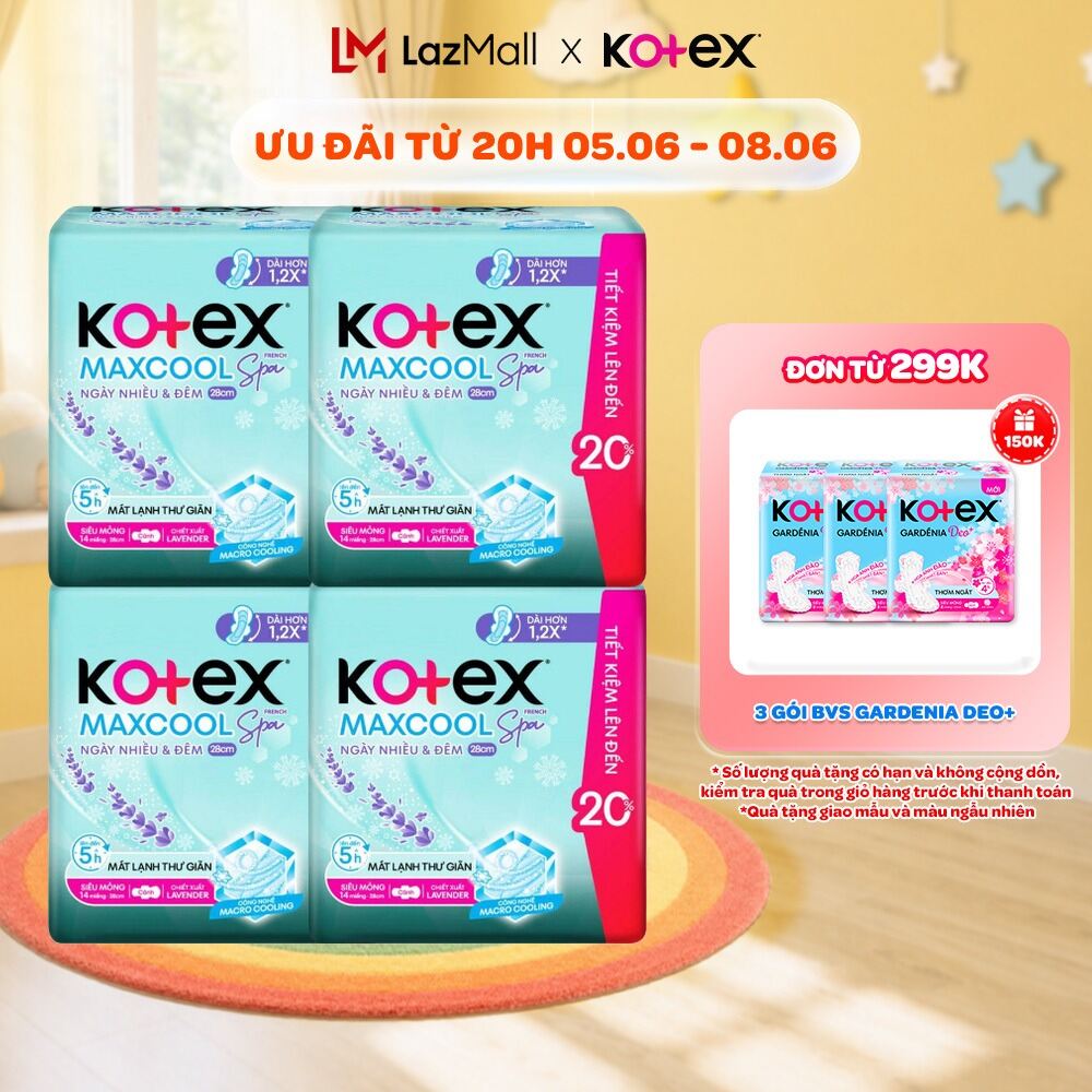 Lốc 4 BVS Kotex Maxcool French Spa SMC 28cm ngày nhiều  đêm - 14 miếng