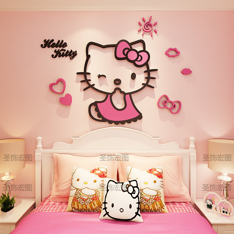 Tranh Dán Tường Lập Thể 3D Mèo HelloKitty Đồ Trang Trí Hoạt Hình Đầu Giường Phòng Ngủ Phòng Trẻ Em GiấY Dán Phòng Bé Gái