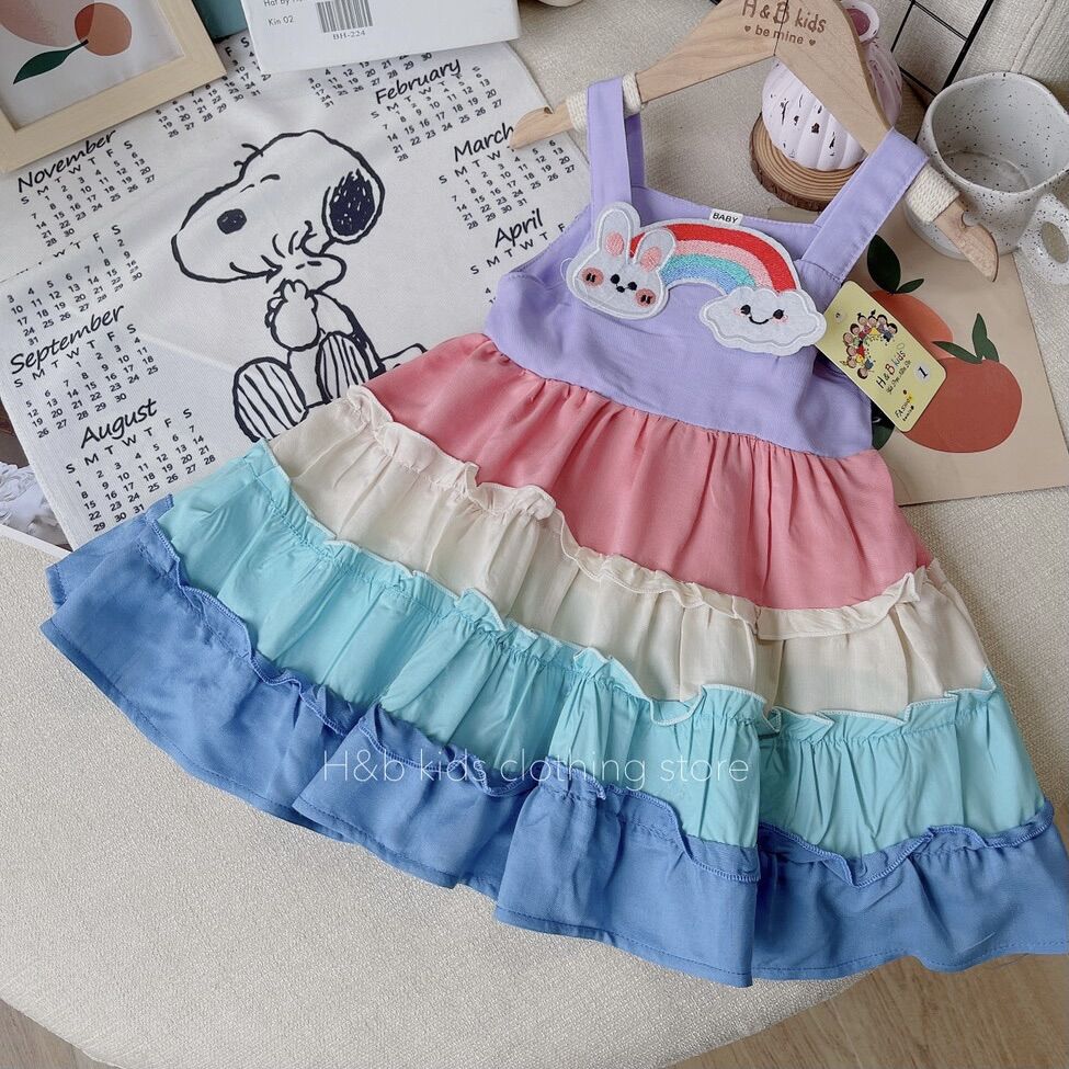 Váy 2 dây bé gái đi biển màu cầu vồng