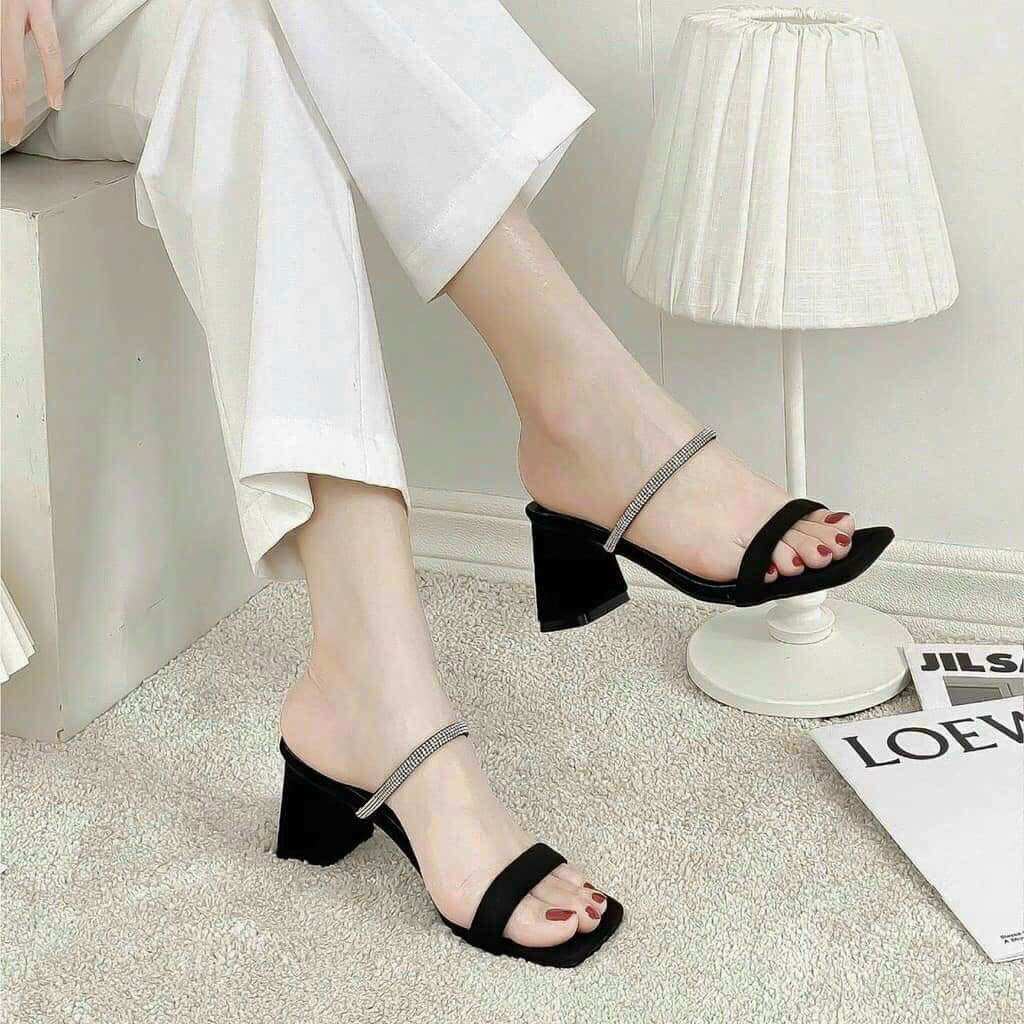 Giày cao gót quai ngang mảnh dây xoàn đế vuông cao 5 phân