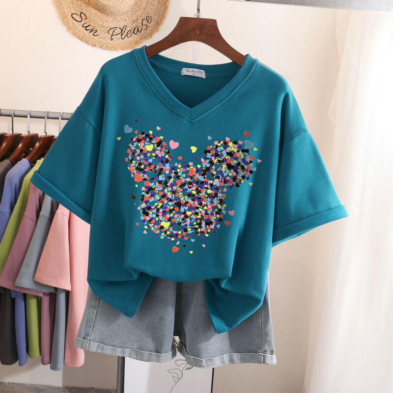 Áo Phông Nữ Tay Ngắn Cổ Chữ V Dành Cho Số Ít Người Cảm Giác Thiết Kế 2023 Cotton, Áo Nữ Tay Lửng Cỡ To Mẫu Mới Mùa Hè, Áo Instagram Sành Điệu