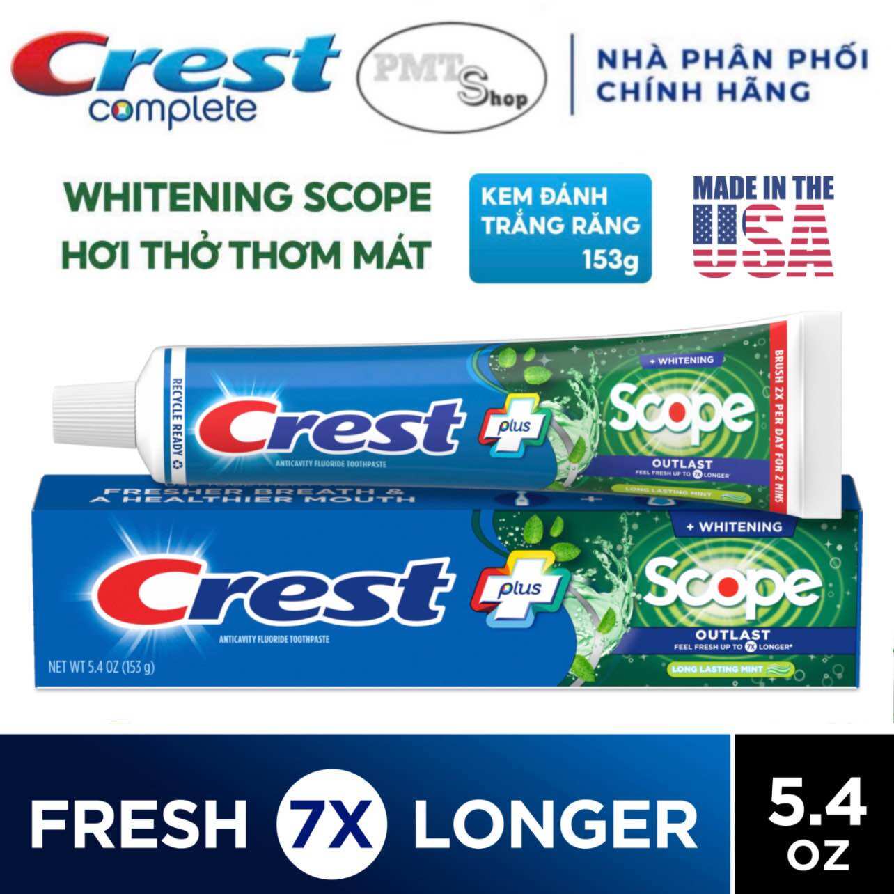 Kem đánh răng Crest Plus Complete Deep Clean Scope Outlast Whitening 153g Made in USA