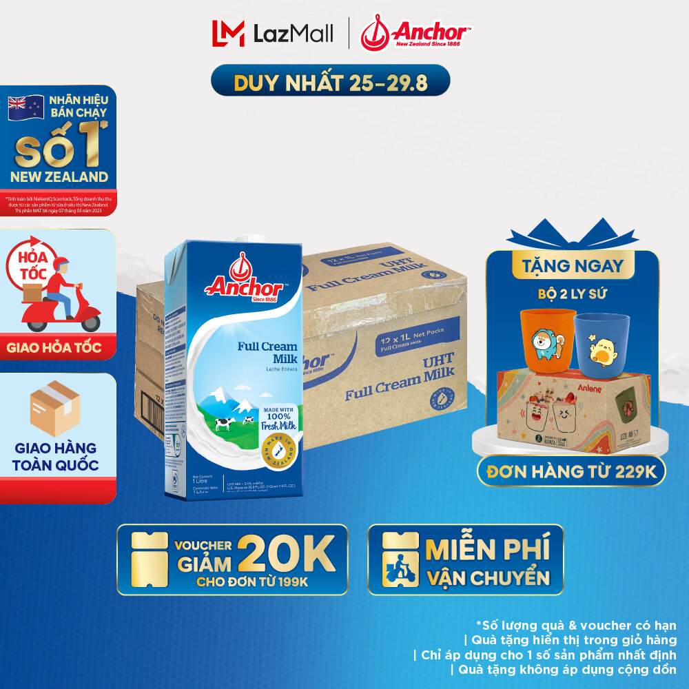 [GIAO HÀNG HỎA TỐC - HCM] Thùng 12 Hộp Sữa Tươi Tiệt Trùng Anchor Nguyên Kem Hộp 1 Lít