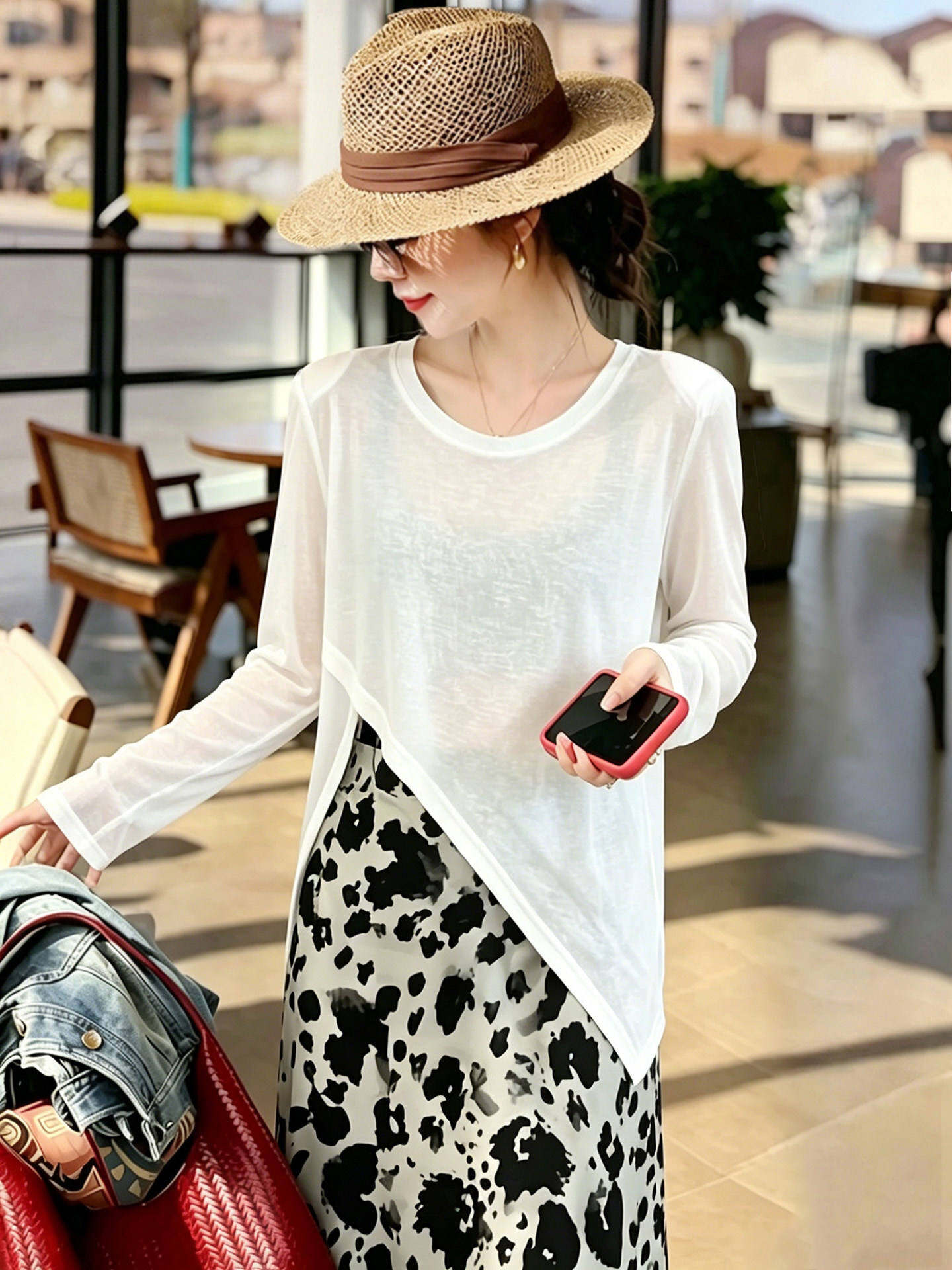 TIANQIANHUI | Áo Blouse Tunic Cổ Chữ V Dài Mùa Hè