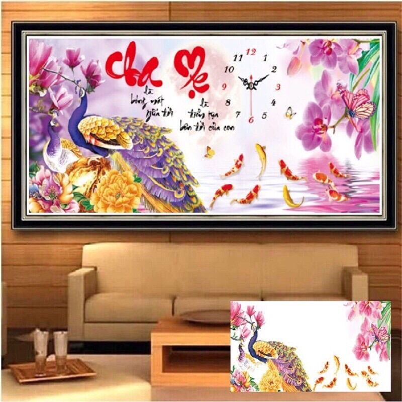 Tranh đính đá đồng hồ cha mẹ lv080/ 110x50cm/ chưa đính đá