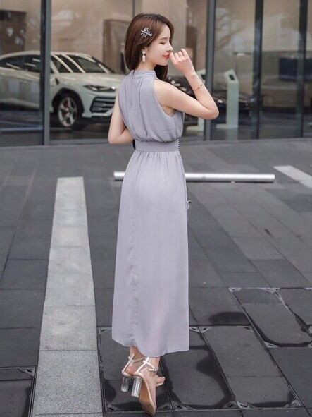 Đầm maxi cổ yếm eo chun kèm belt