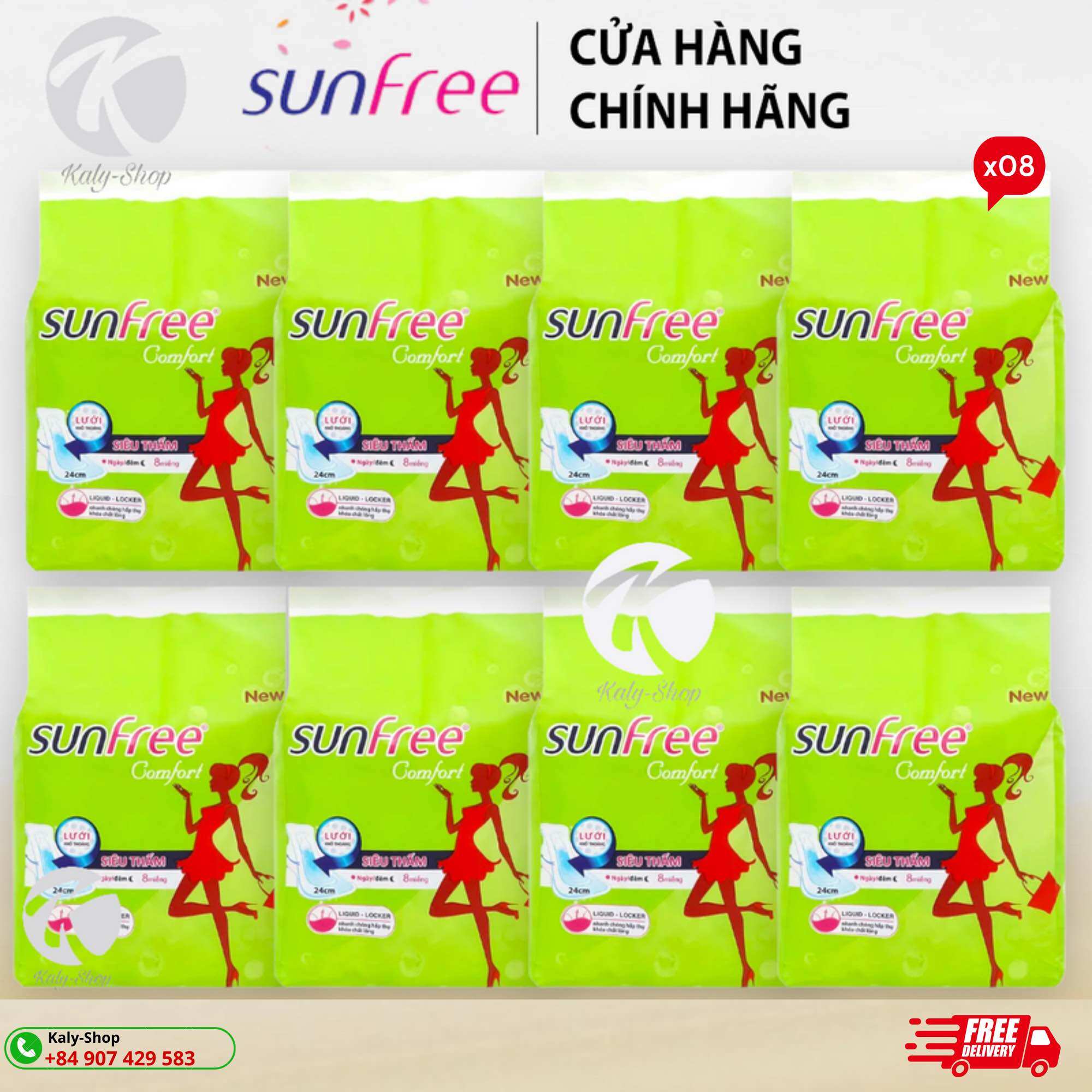 Combo 8 gói băng vệ sinh sunfree siêu thấm mỏng có cánh 8 miếng 24cm