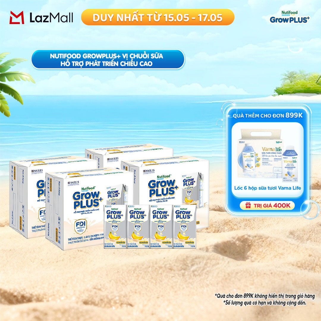 Combo 4 Thùng 24 hộp Sữa bột pha sẵn Nutifood GrowPLUS+ Vị Chuối Sữa hộp 110ml - Hỗ trợ phát triển chiều cao