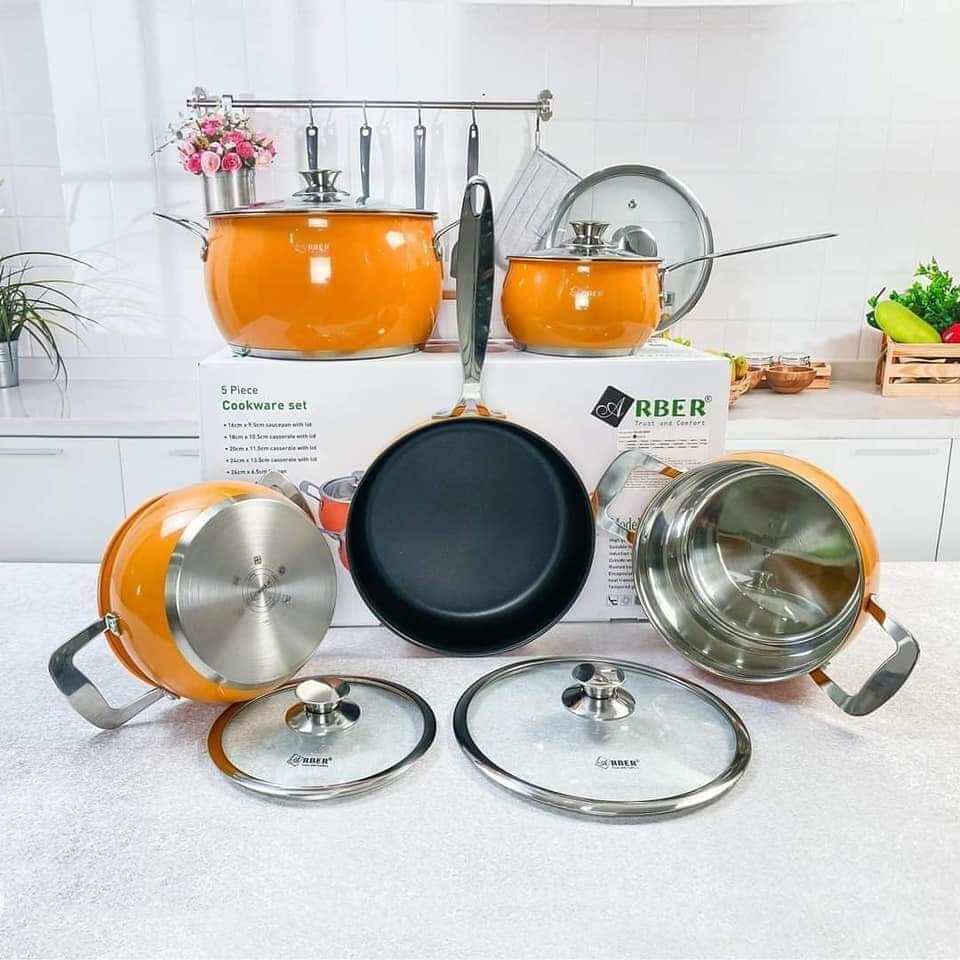 BỘ NỒI TỪ CAO CẤP 5 MÓN MÀU CAM ARBER AN06SMC hãng Đức 3 đáy từ inox 304.