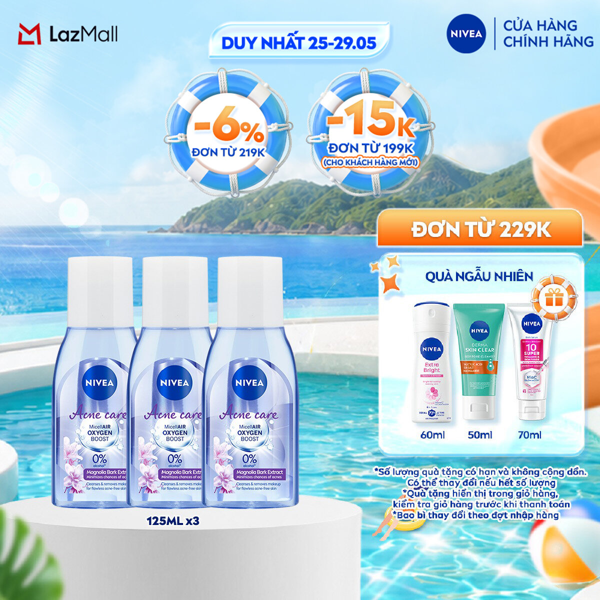 Set of 3 Nivea Makeup Remover for Acne Skin Acne Care Makeup Clear Micellar Water (125 ml) - 89270X3