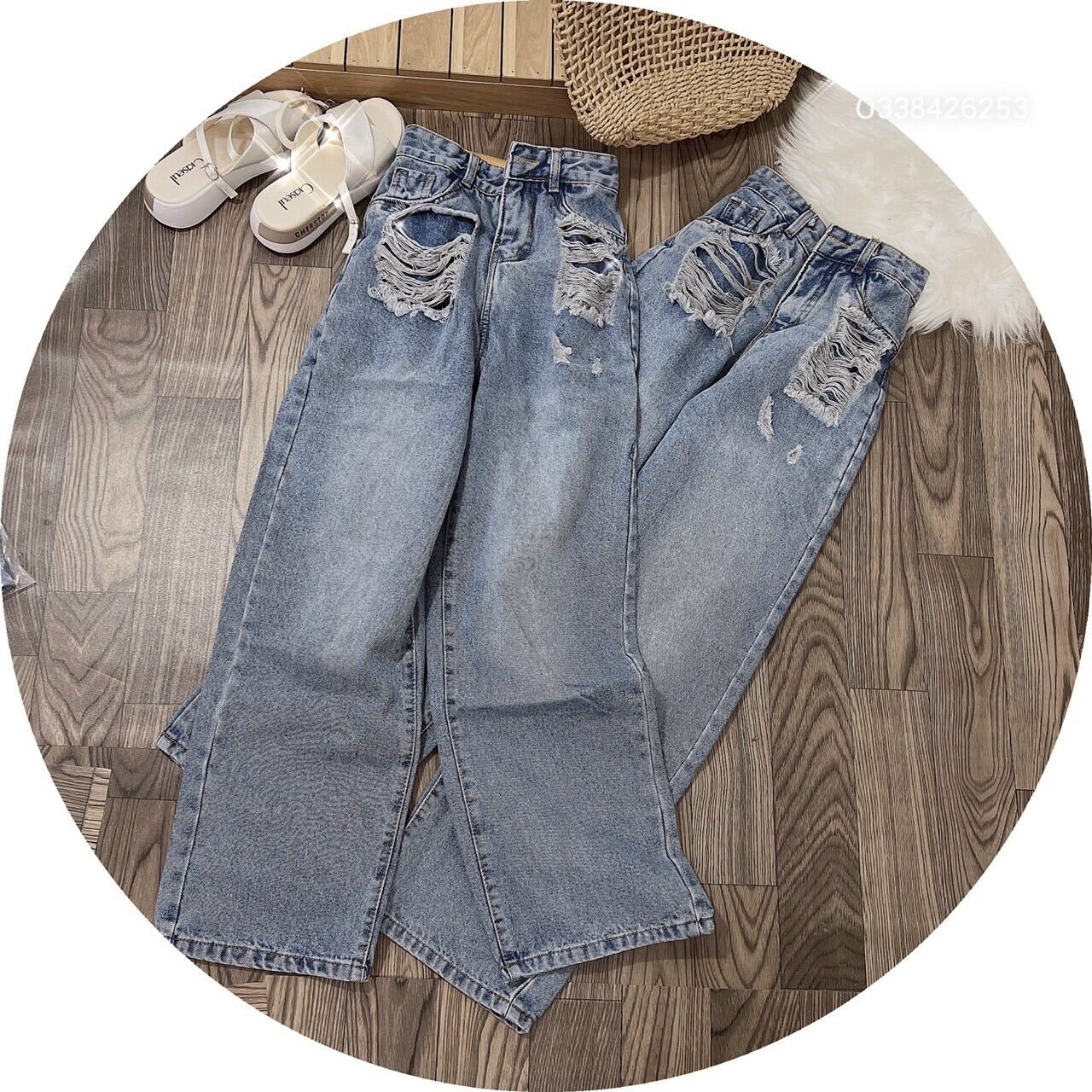 QUẦN JEANS ỐNG RỘNG NỮ LƯNG CAO RÁCH 2 MẢNG TÚI TO XANH LAI CUỐN CỰC HOT HIT SIÊU PHÁ CÁCH