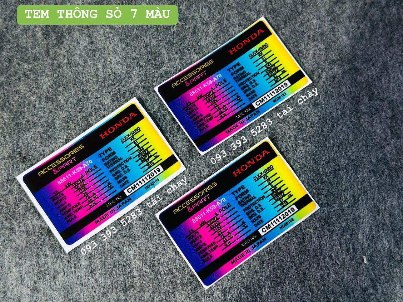 Tem thông số 7 màu dán yếm khóa / dè con ab / và nhiều vi trí khác