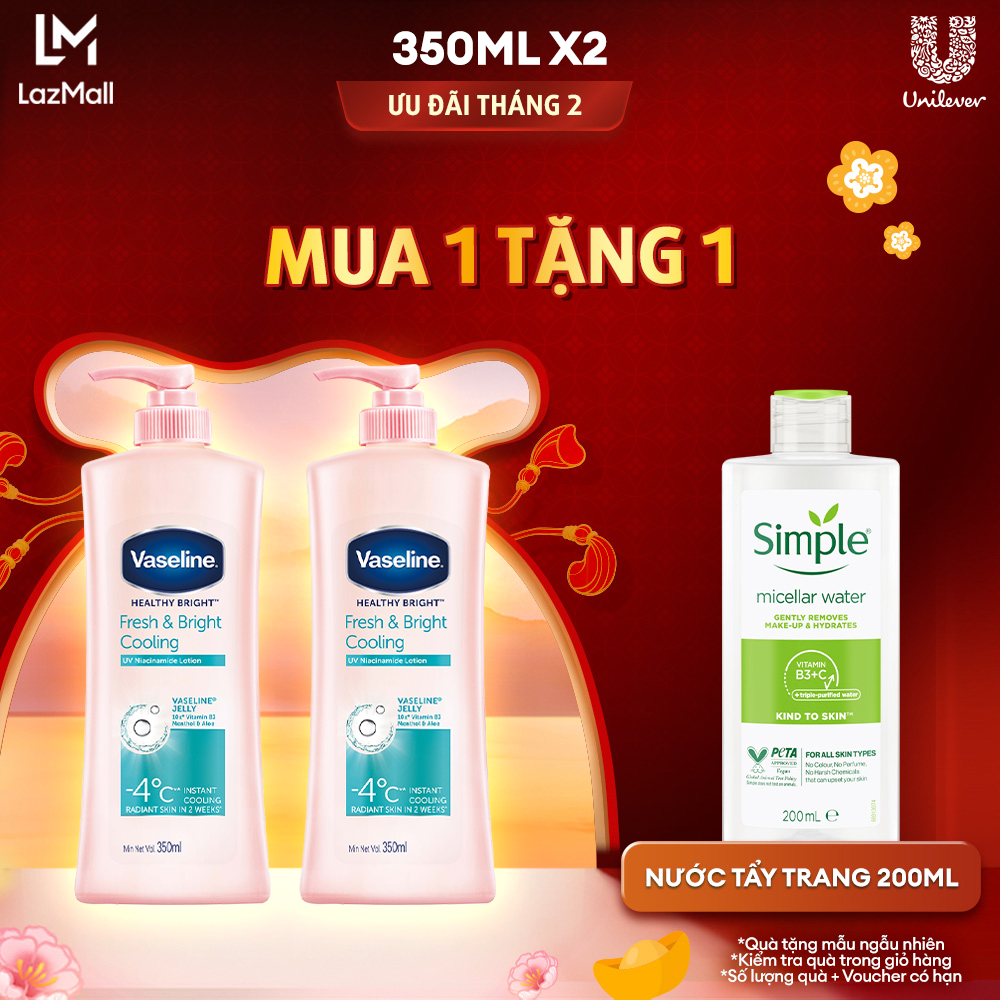 Combo 2 Sữa Dưỡng Thể Vaseline Dưỡng Ẩm Fresh & Bright 10x Niacinamide Da Sáng Khỏe Mịn Căng Tinh Chất Menthol Mát Lạnh 350ml x 2