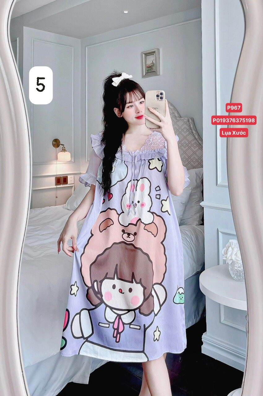 Đầm ngủ lụa xước phối ren hình cute. Freesize 45-60kg