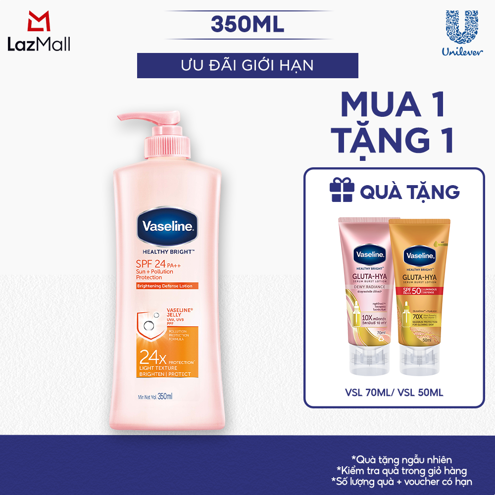 Sữa Dưỡng Thể Dưỡng Ẩm Vaseline Healthy Bright 350ml Sáng Da Chống Nắng Toàn Spf24pa++ Sun Protection