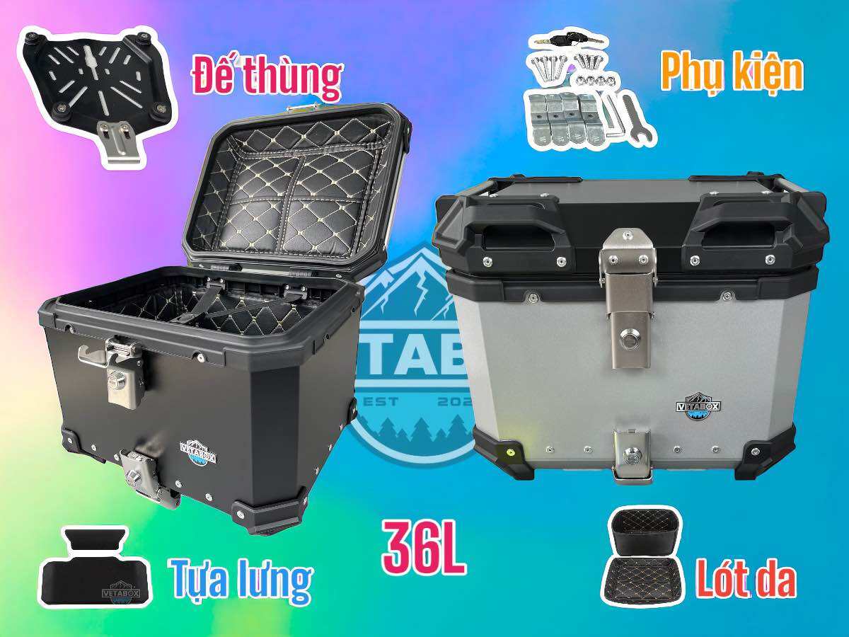 Thùng Nhôm Chính Hãng Vetabox 32L 36L - Full Lót Thùng Tựa Lưng