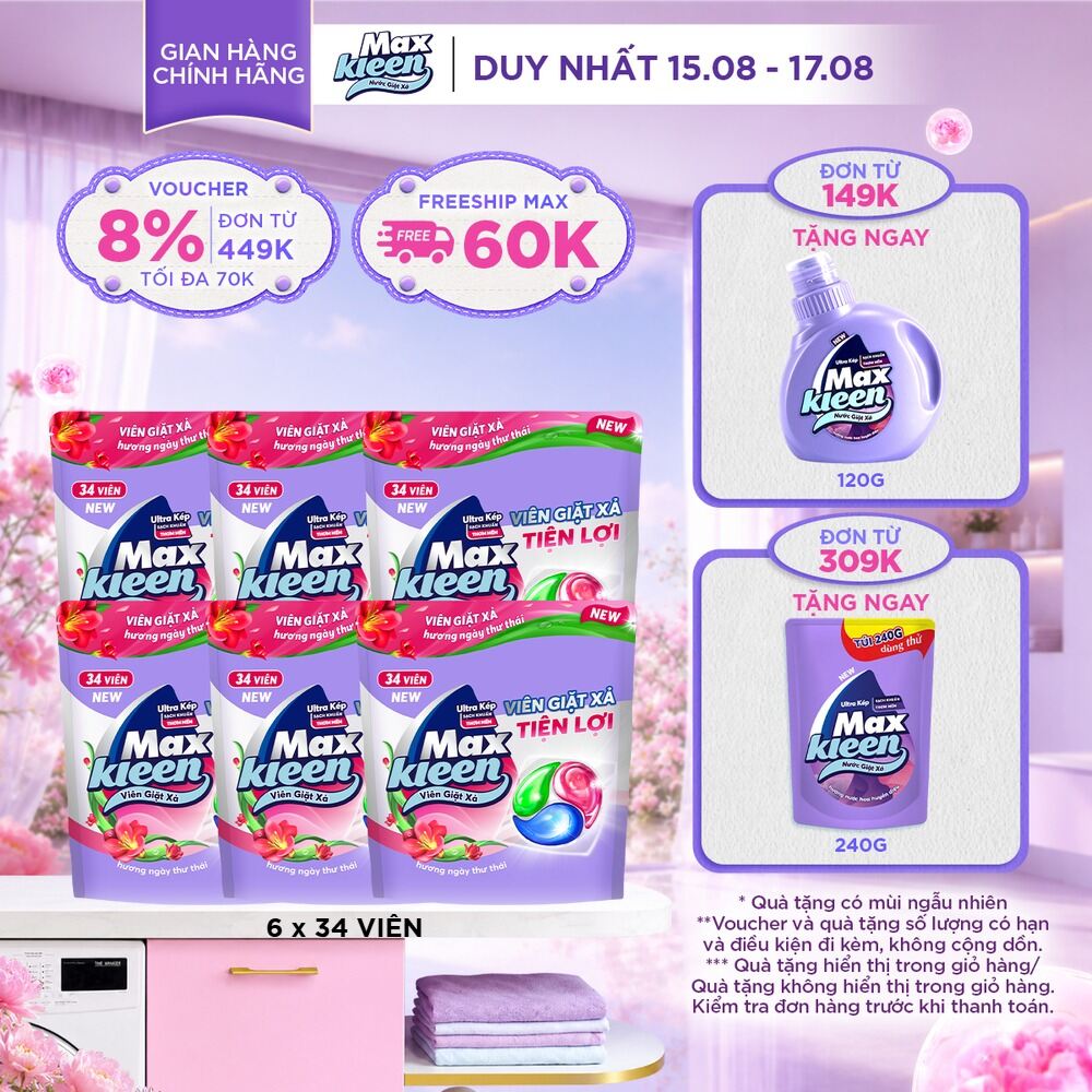 Combo 6 Túi viên giặt xả MaxKleen hương Ngày Thư Thái (34 viên/ túi)