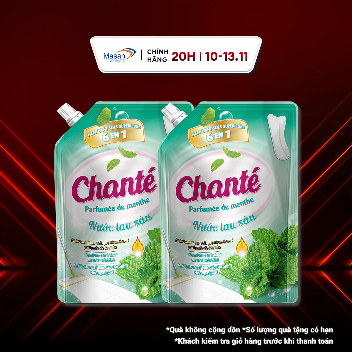 [11.11-13.11 Voucher 18% CHO ĐƠN TỪ 199K] Combo 2 Nước lau sàn cao cấp 6 trong 1 Chanté hương Bạ