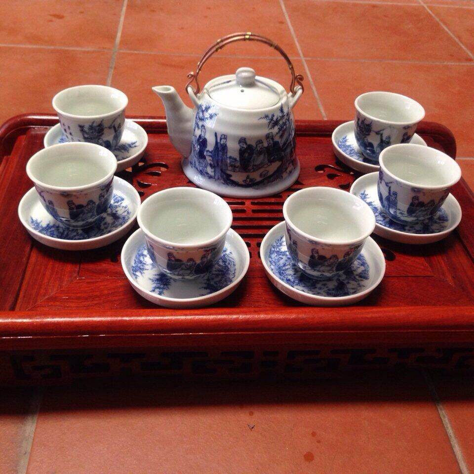 Ấm chén bát tràng men lam giả cổ