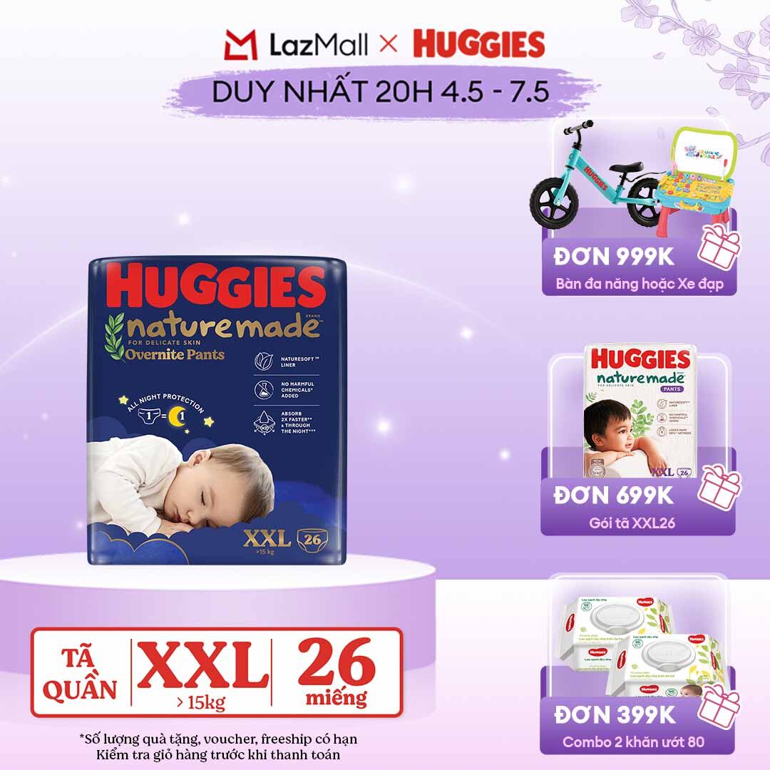 [CHỈ 20h 04-07.05 QUÀ TẶNG ĐƠN 399K](Mua 1 tặng 1) Tã quần Huggies Naturemade ban đêm XXL26