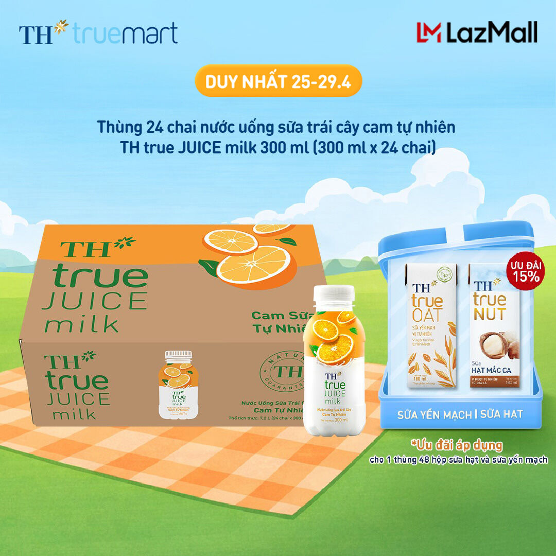 Thùng 24 chai nước uống sữa trái cây TH true JUICE milk cam tự nhiên 300 ml (300 ml x 24)